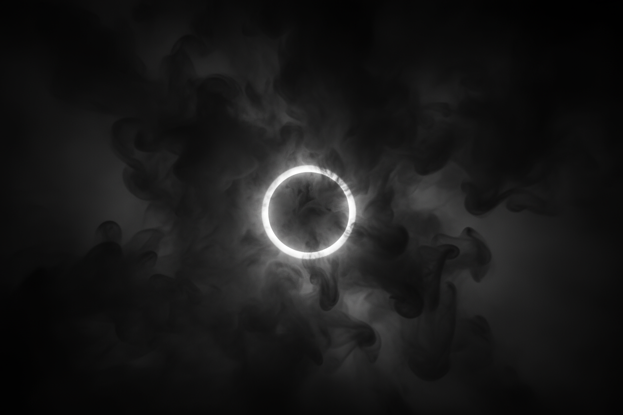 a white faint ring in the middle of a smoky dark background 