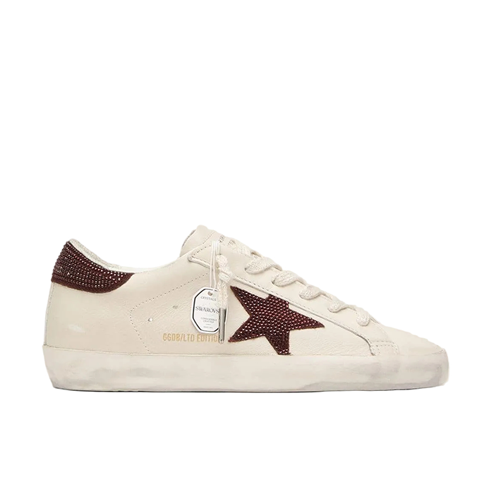 GOLDEN GOOSE SUPER-STAR 'OFF-WHITE LEATHER / BURGUNDY SWAROVSKI CRYSTAL STAR & HEEL'