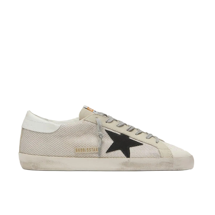GOLDEN GOOSE SUPER-STAR 'BEIGE FABRIC / BLACK STAR & WHITE HEEL'